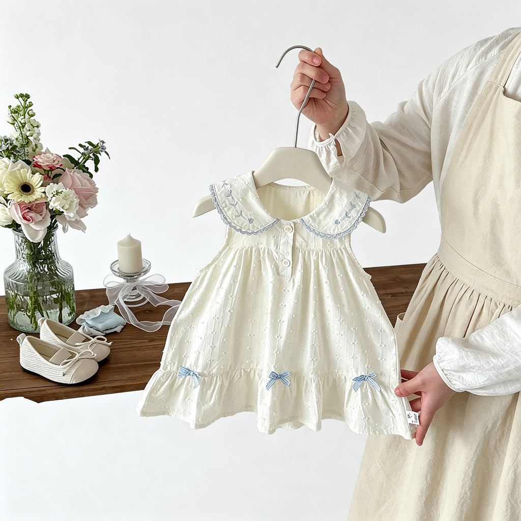 Toddler Girls White Sleeveless Dress Peter Pan Collar Lace Bows