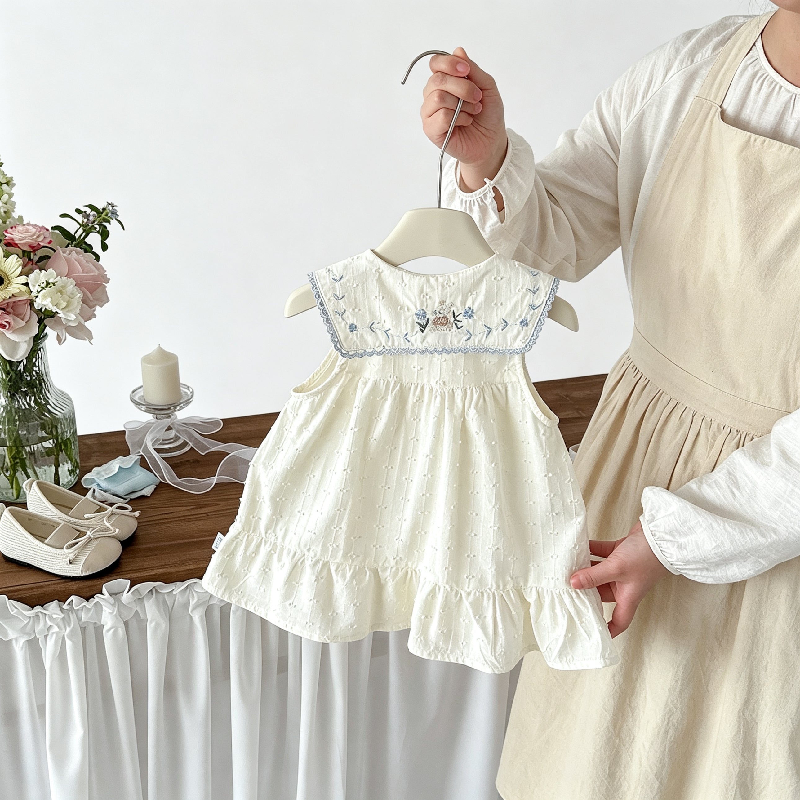 Toddler Girls White Sleeveless Dress Peter Pan Collar Lace Bows