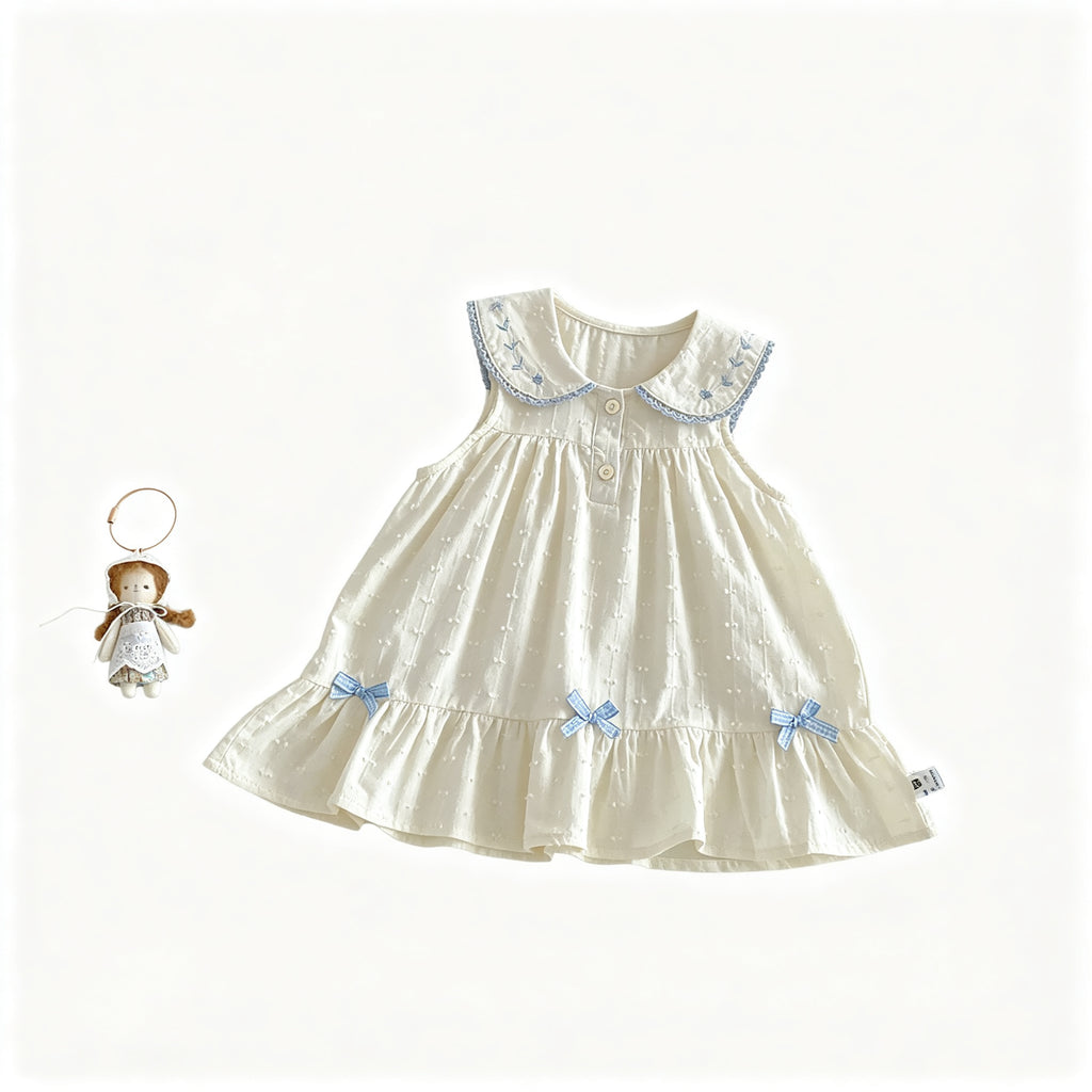 Toddler Girls White Sleeveless Dress Peter Pan Collar Lace Bows