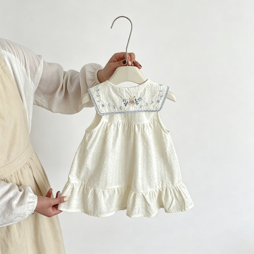 Toddler Girls White Sleeveless Dress Peter Pan Collar Lace Bows