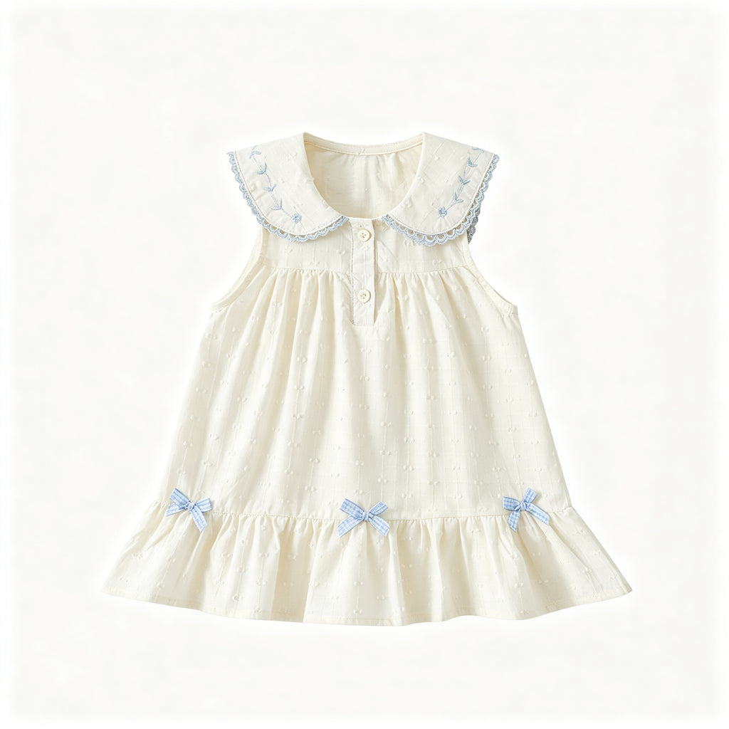 Toddler Girls White Sleeveless Dress Peter Pan Collar Lace Bows
