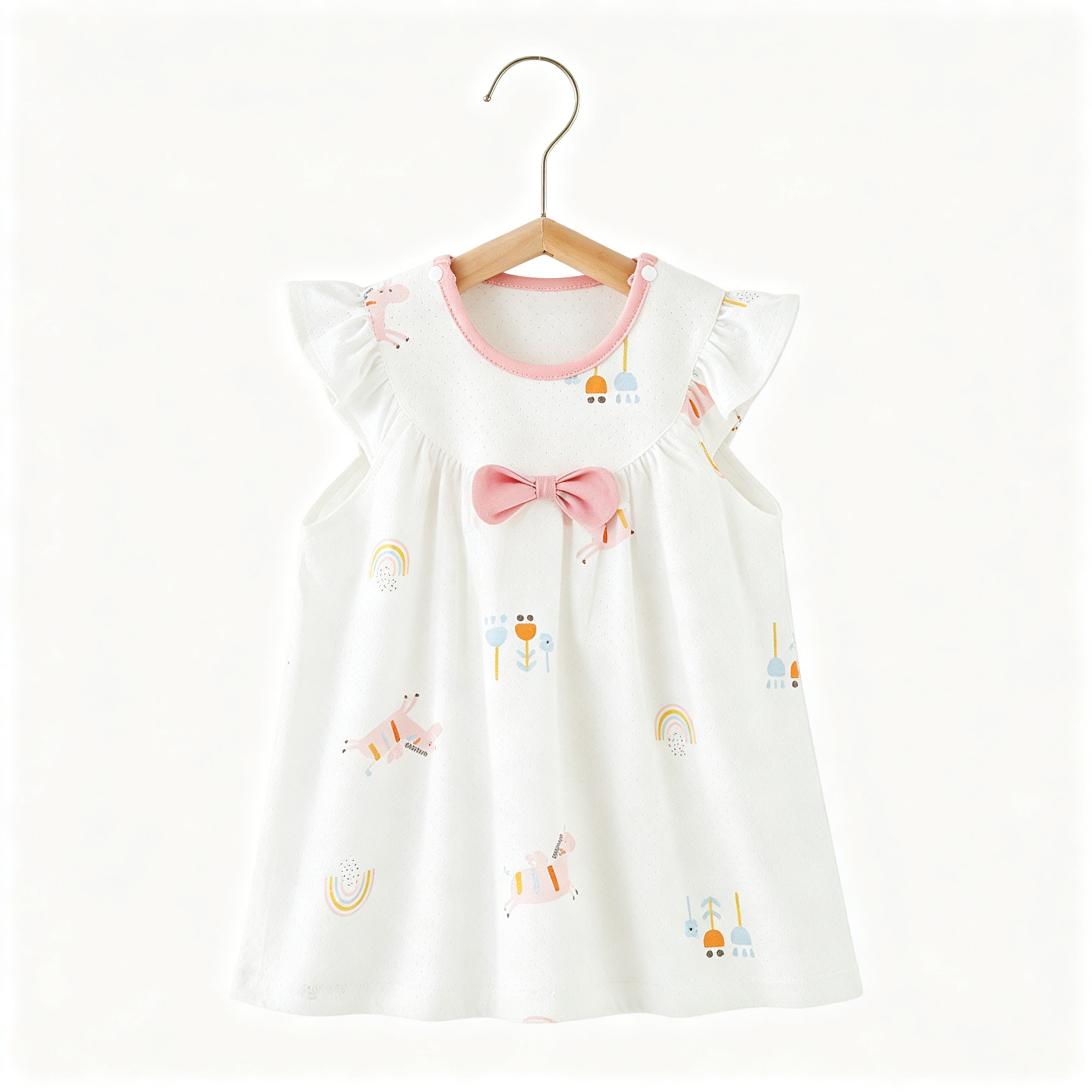 Baby Girls Elephant Print Cotton Dress Flutter Sleeves Bow Detail