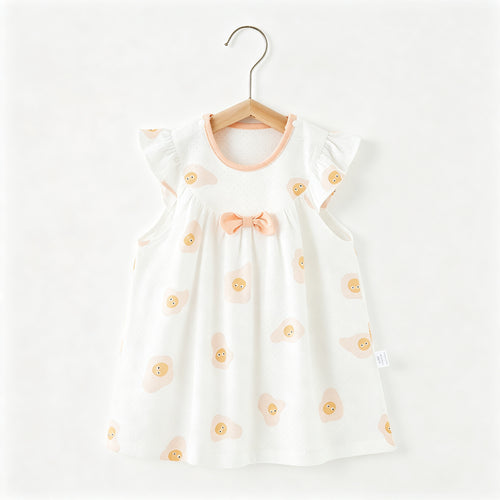 Baby Girls Elephant Print Cotton Dress Flutter Sleeves Bow Detail
