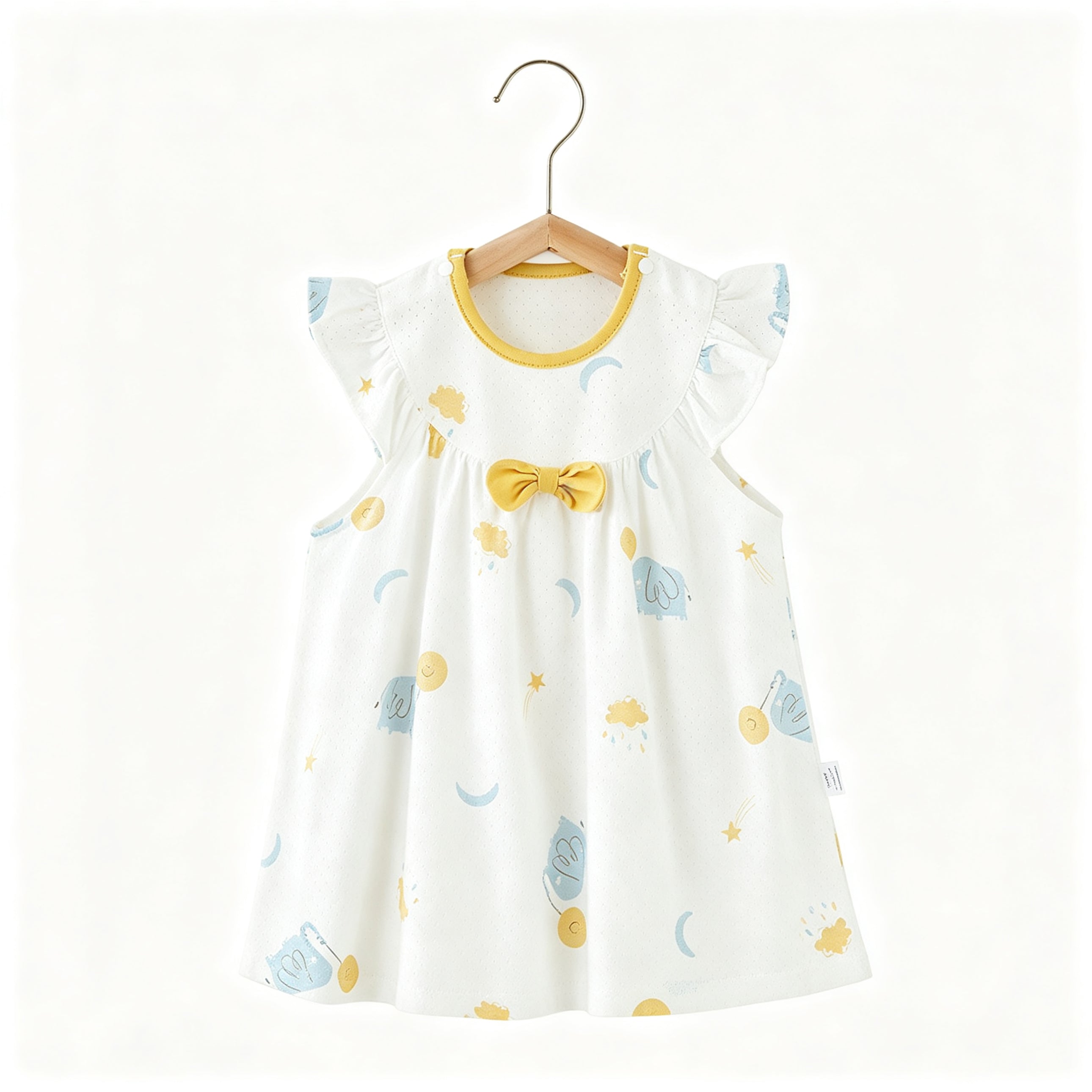 Baby Girls Elephant Print Cotton Dress Flutter Sleeves Bow Detail